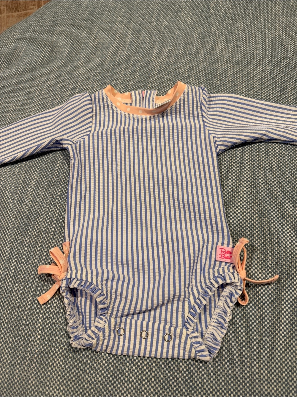 Ruffle Butts Blue & White Striped Long-Sleeve One-Piece with Peach Trim